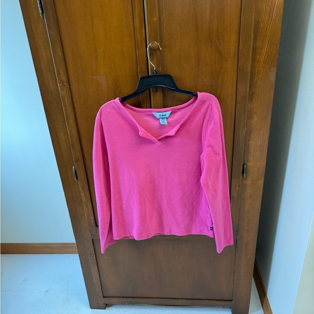 LL BEAN fleece pullover top shirt long sleeve Barbie pink large 21in pit
